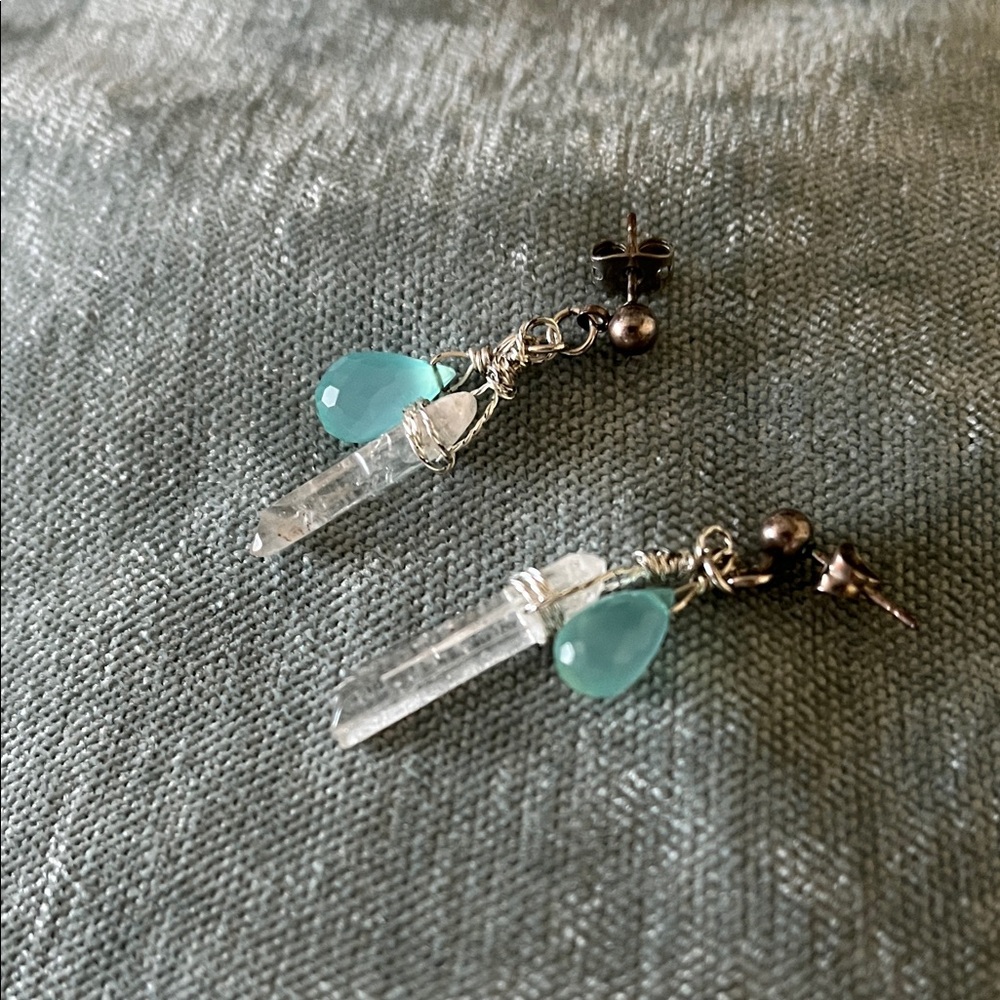 Hand Crafted amazoniite  & Quartz gemstone & silver Earrings by Le Chat Noir